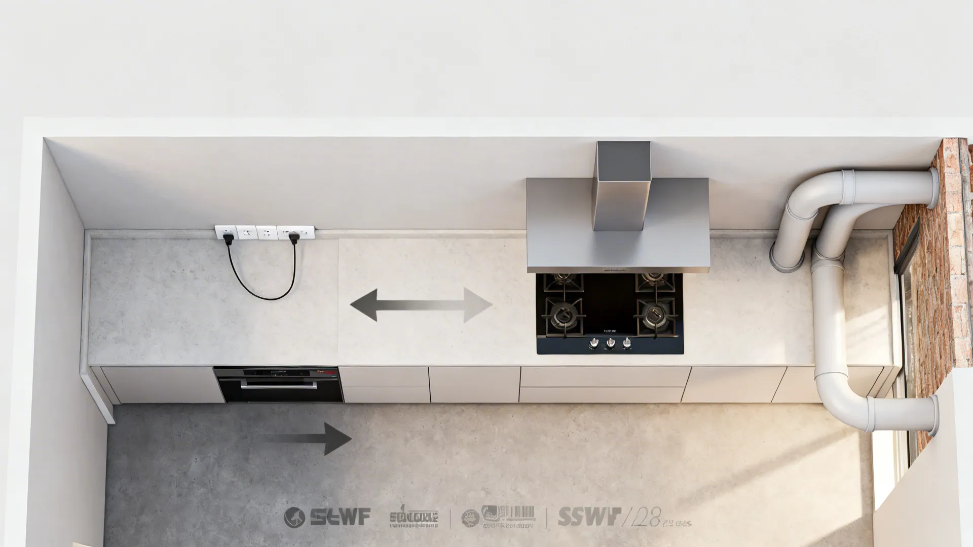 Top-down view illustrating an appliance zone with sockets and a chimney duct route.