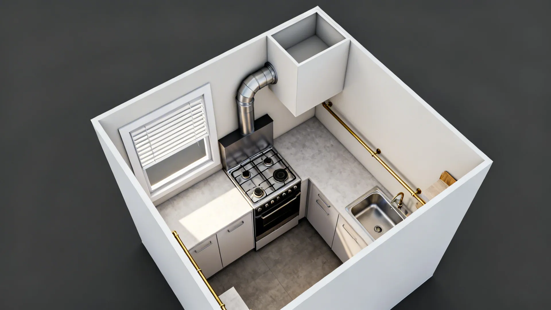 Top-down view of a compact kitchen with a short duct route and cross-vent window.