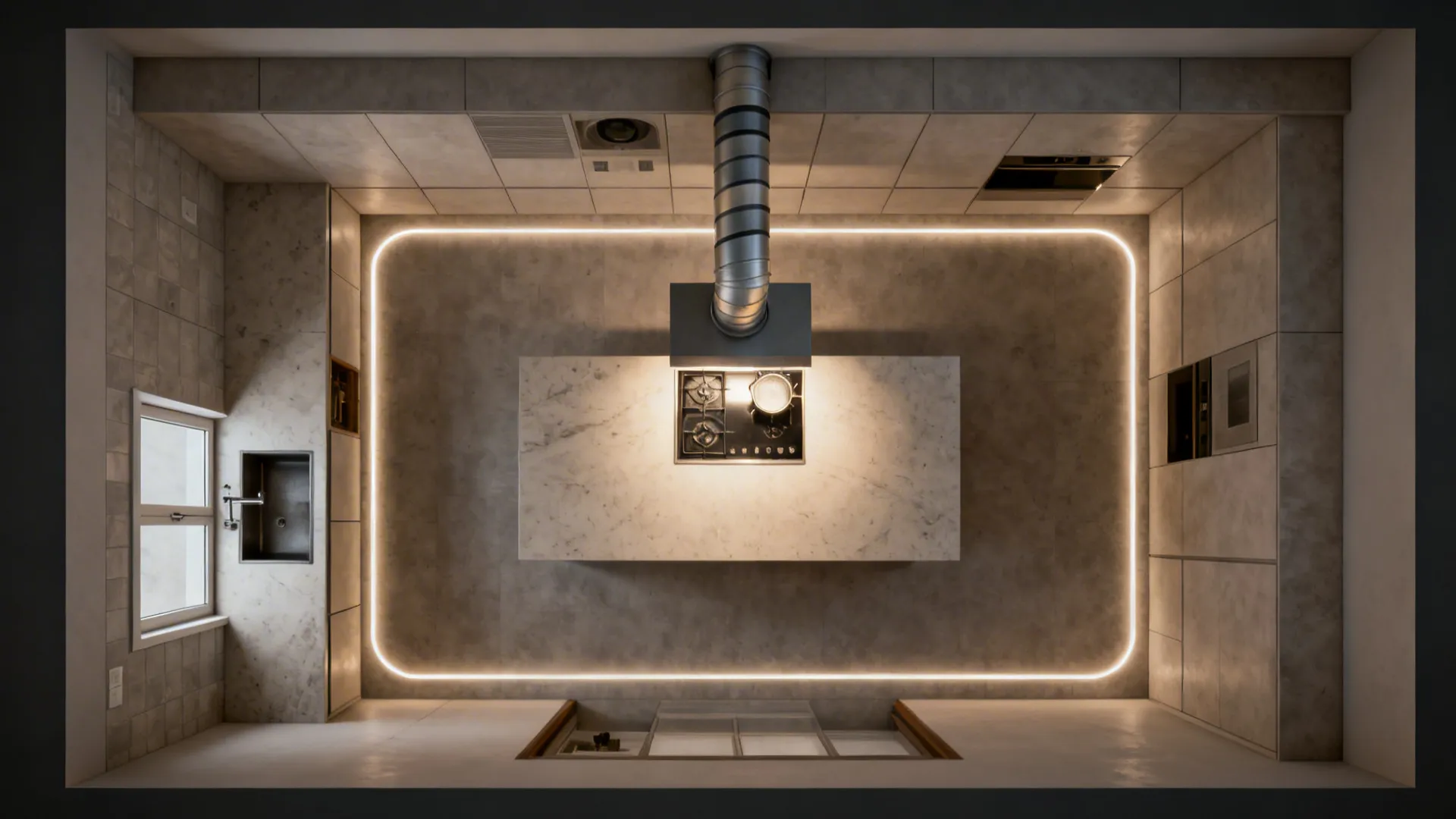 Top-down plan showing a dropped ceiling perimeter for duct routing and a centered island plus over the hob.
