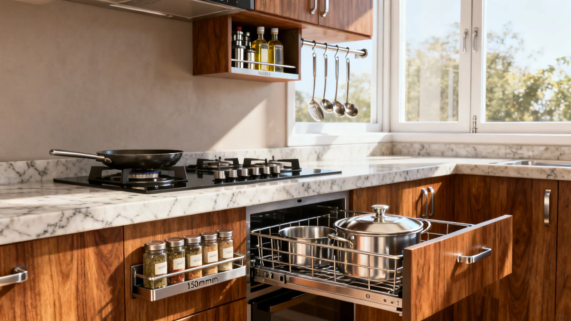 4) Vent-smart storage: pull-outs, lift‑ups, and open rails