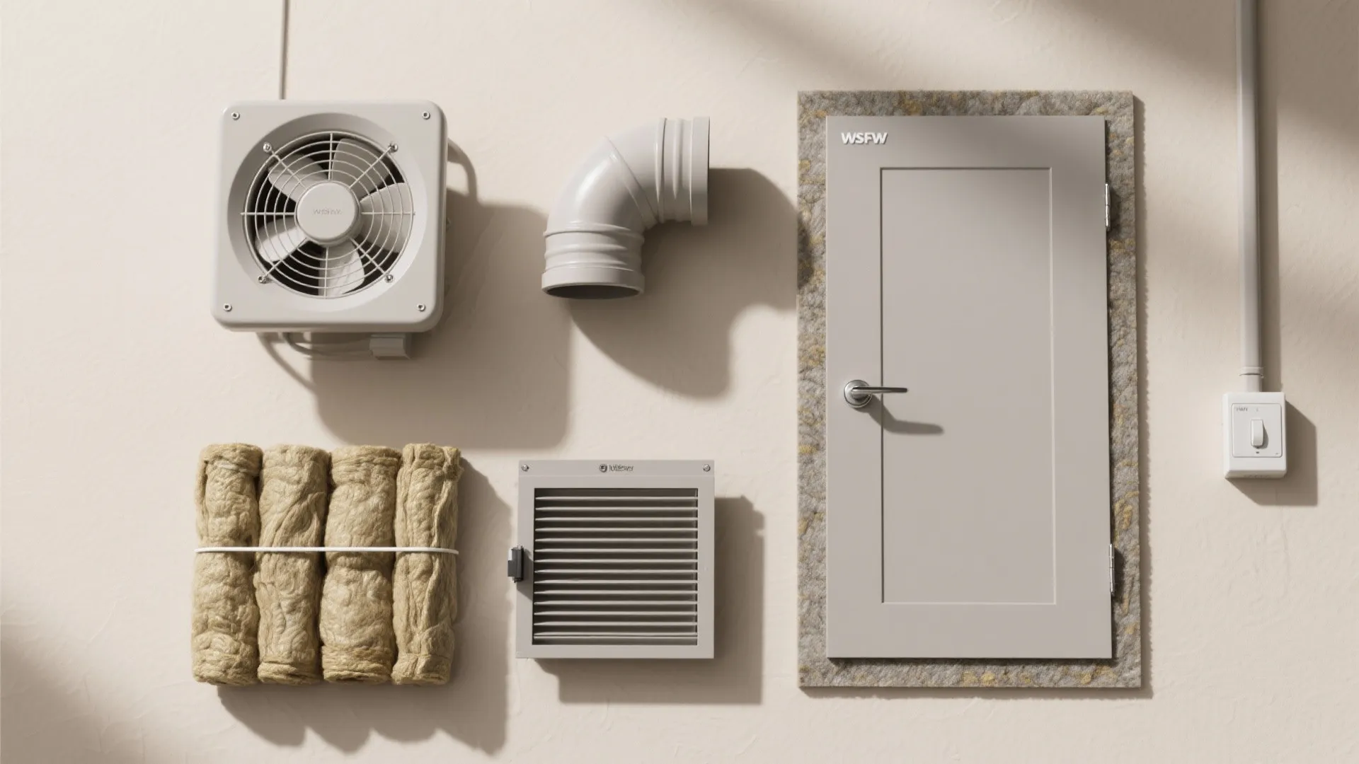 Various bathroom hardware items including exhaust fan air pipe vent cover insulation and small door