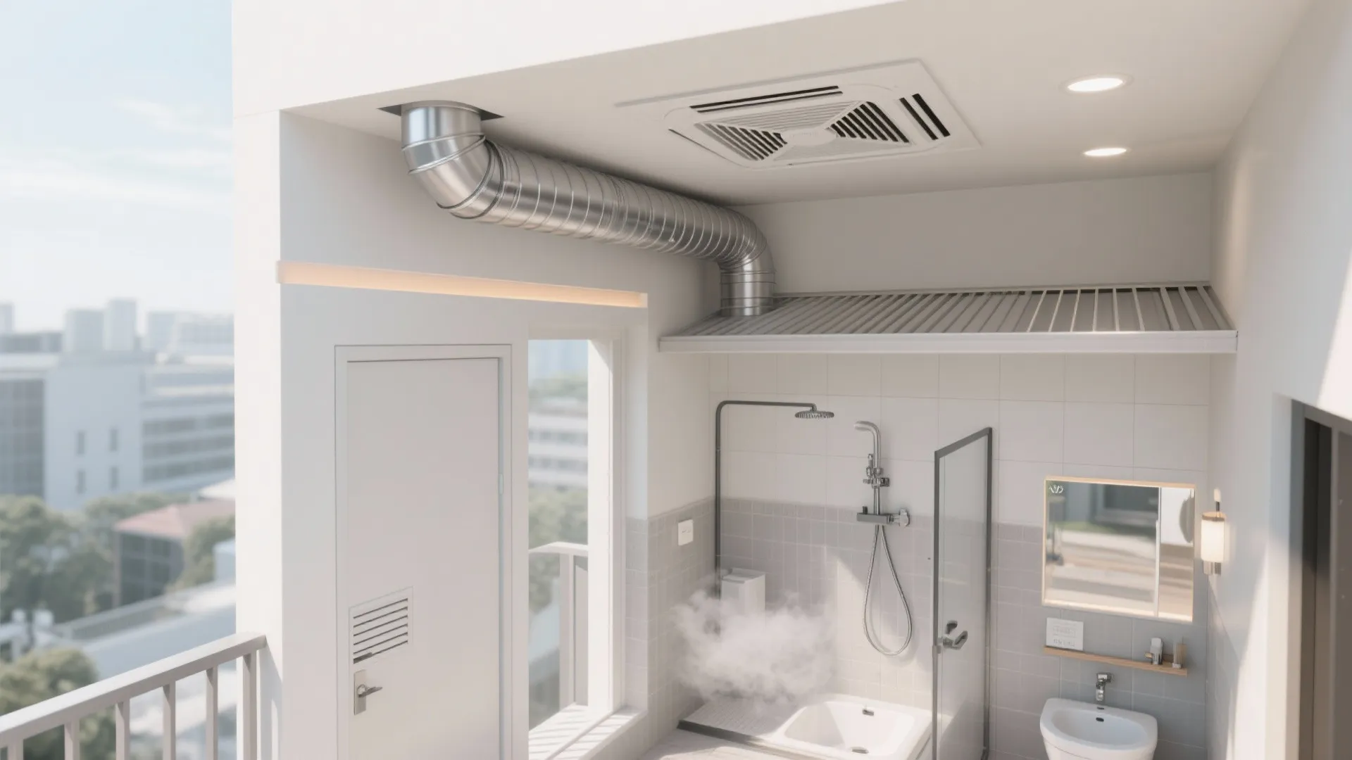 Modern bathroom interior design drawing with ceiling vent pipe shower sink and white tiled wall