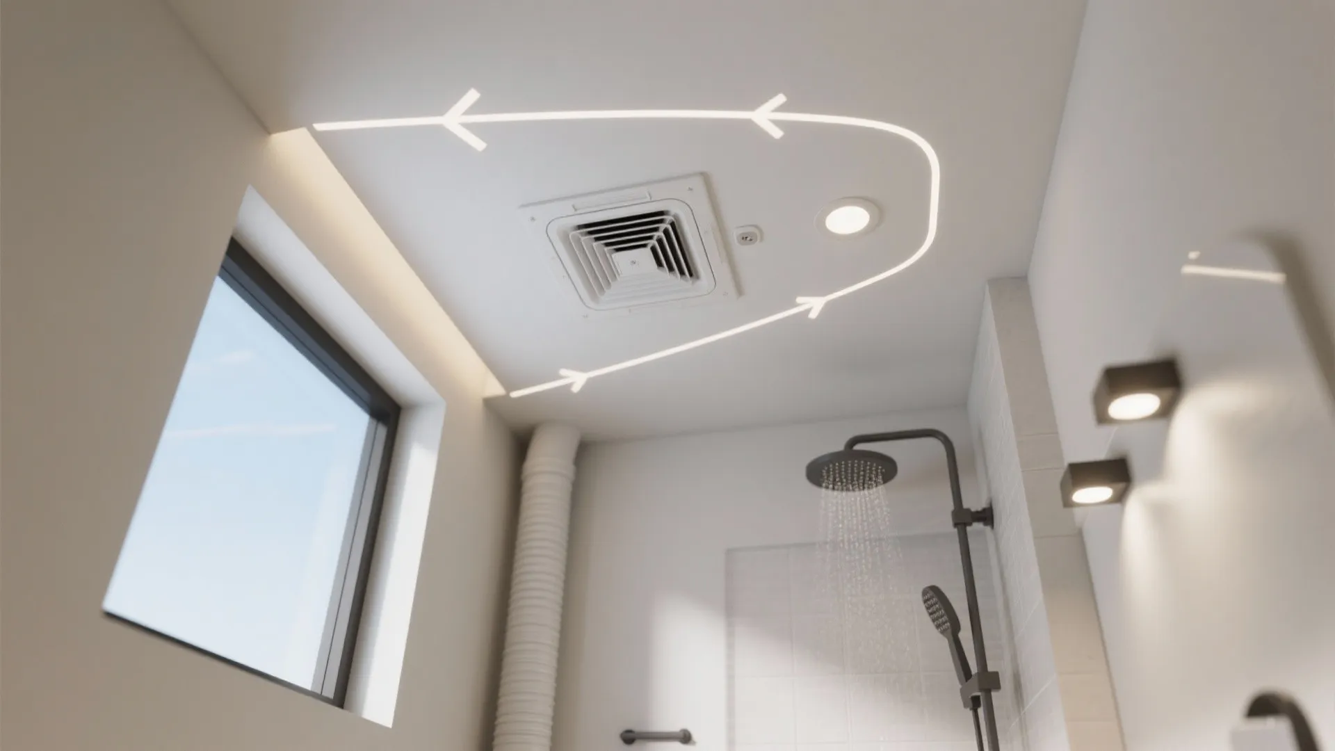 Modern white bathroom ceiling with air vent light fixture shower head and a large window