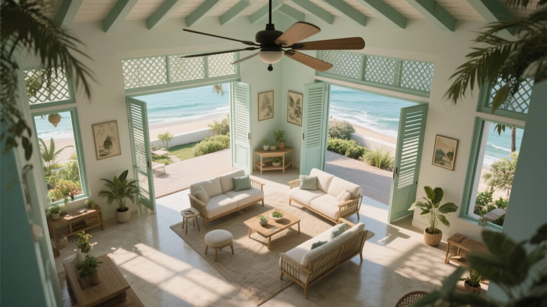 Top-down view of a cross-ventilated Chennai living room with shaded veranda, overhangs, and jaali panels.
