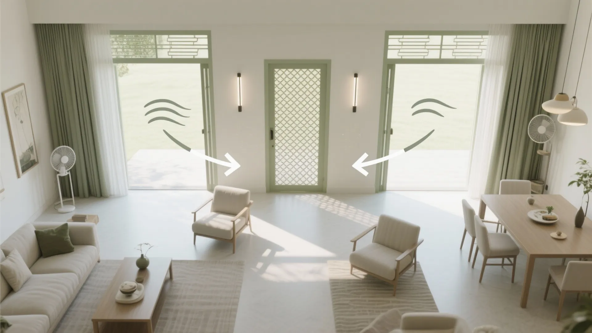 1) Cross-ventilated living–dining that actually feels cool