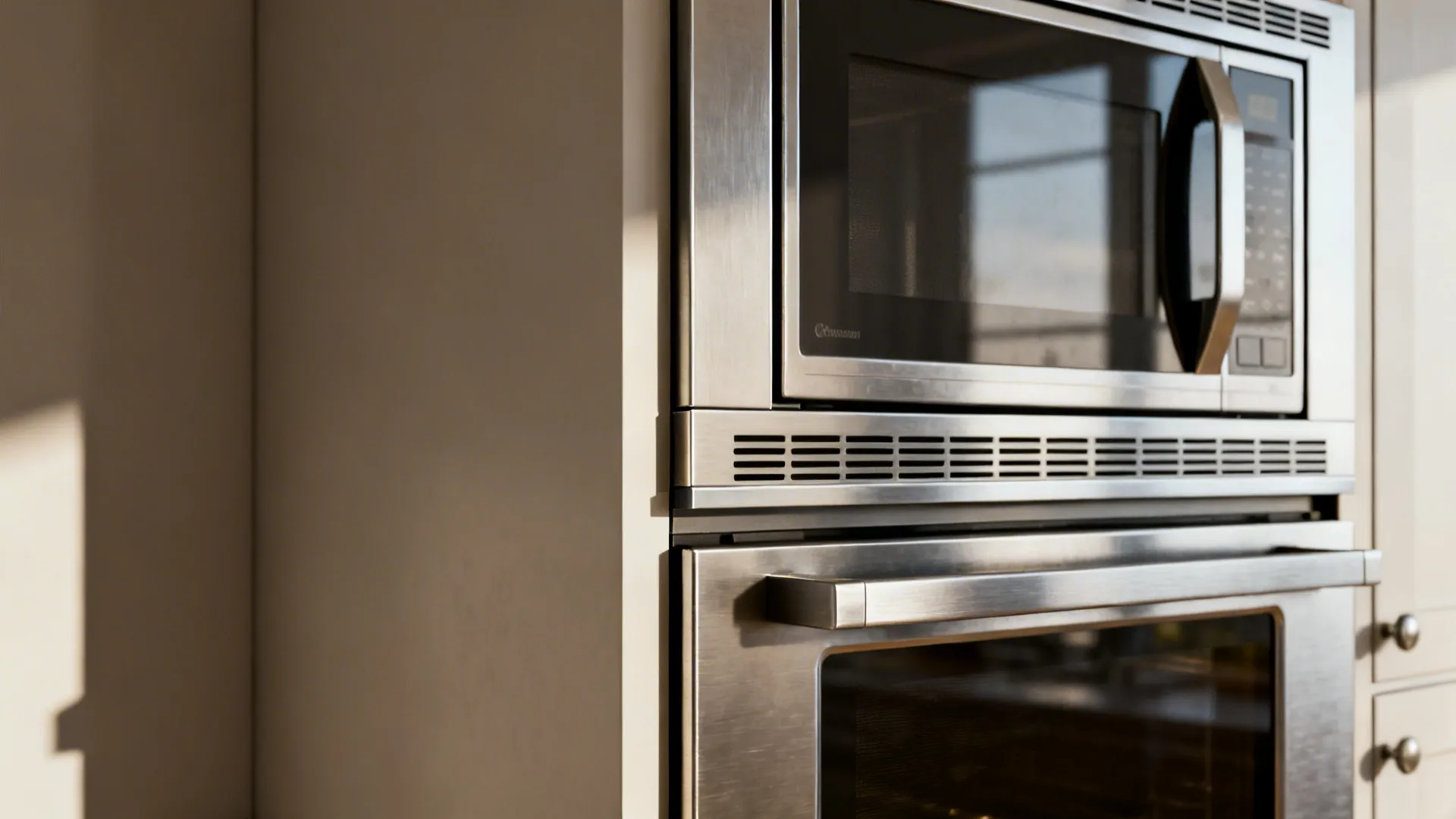 Close-up of built-in microwave and oven trim with ventilation gaps and flush alignment