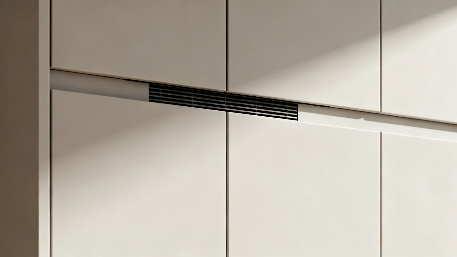 Macro of a slim shadow gap vent detail at the top of a tall cabinet bank.