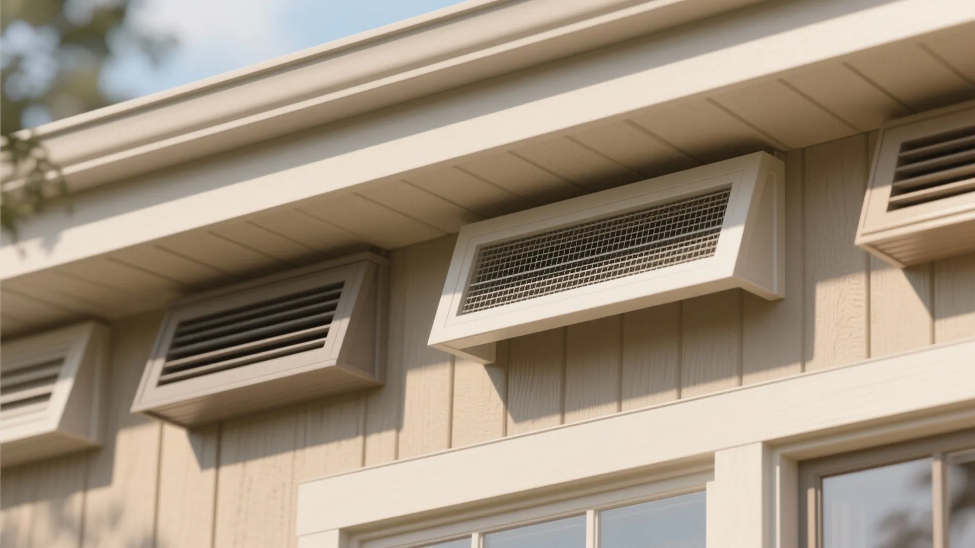 Close up view of several white plastic rectangular air vents installed under a roof edge