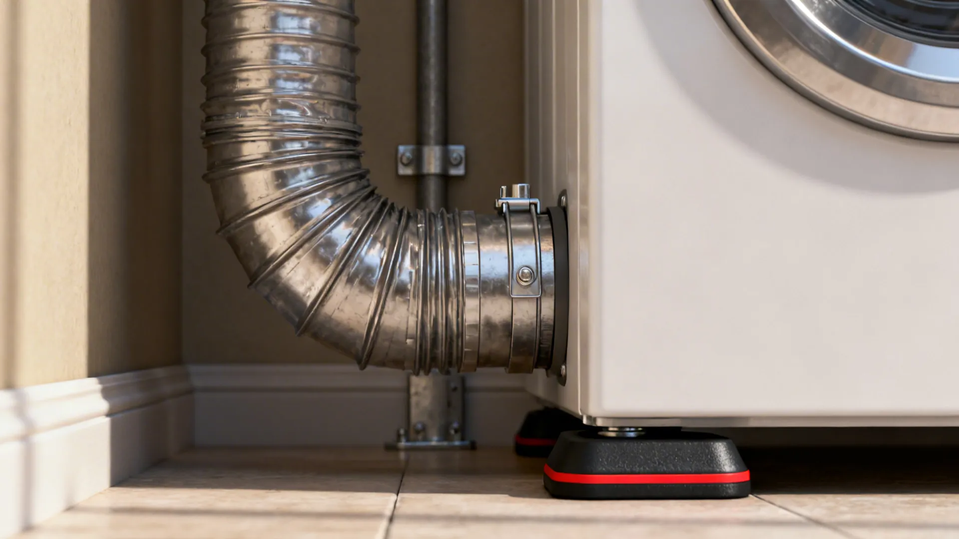 Silver flexible vent pipe connected to white washing machine with black vibration control floor pads