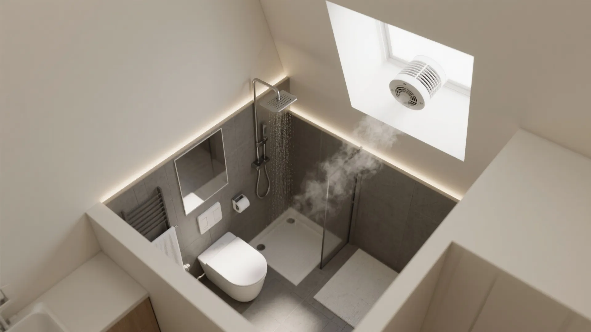 Top view of a small bathroom with shower toilet and a fan removing steam through window