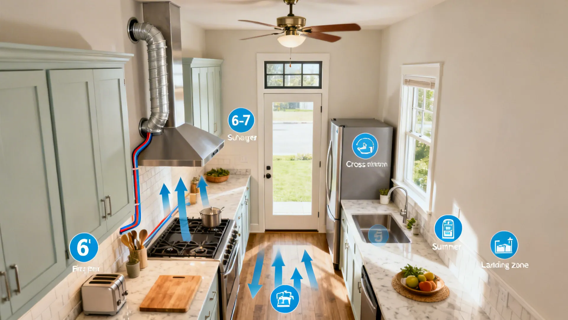 Infographic showing kitchen air flow and room layout with blue arrows and functional zone icons