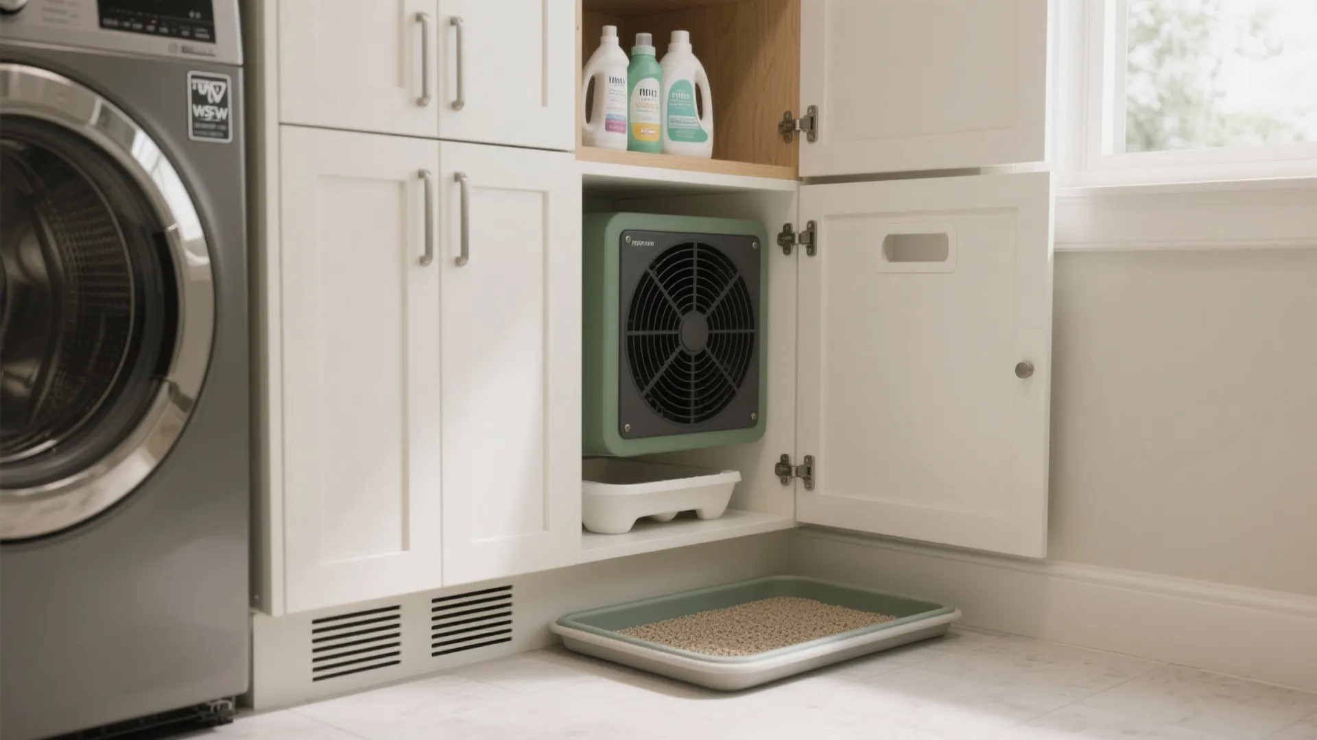 White laundry room cabinets with built in fan for cat litter box and detergent bottles