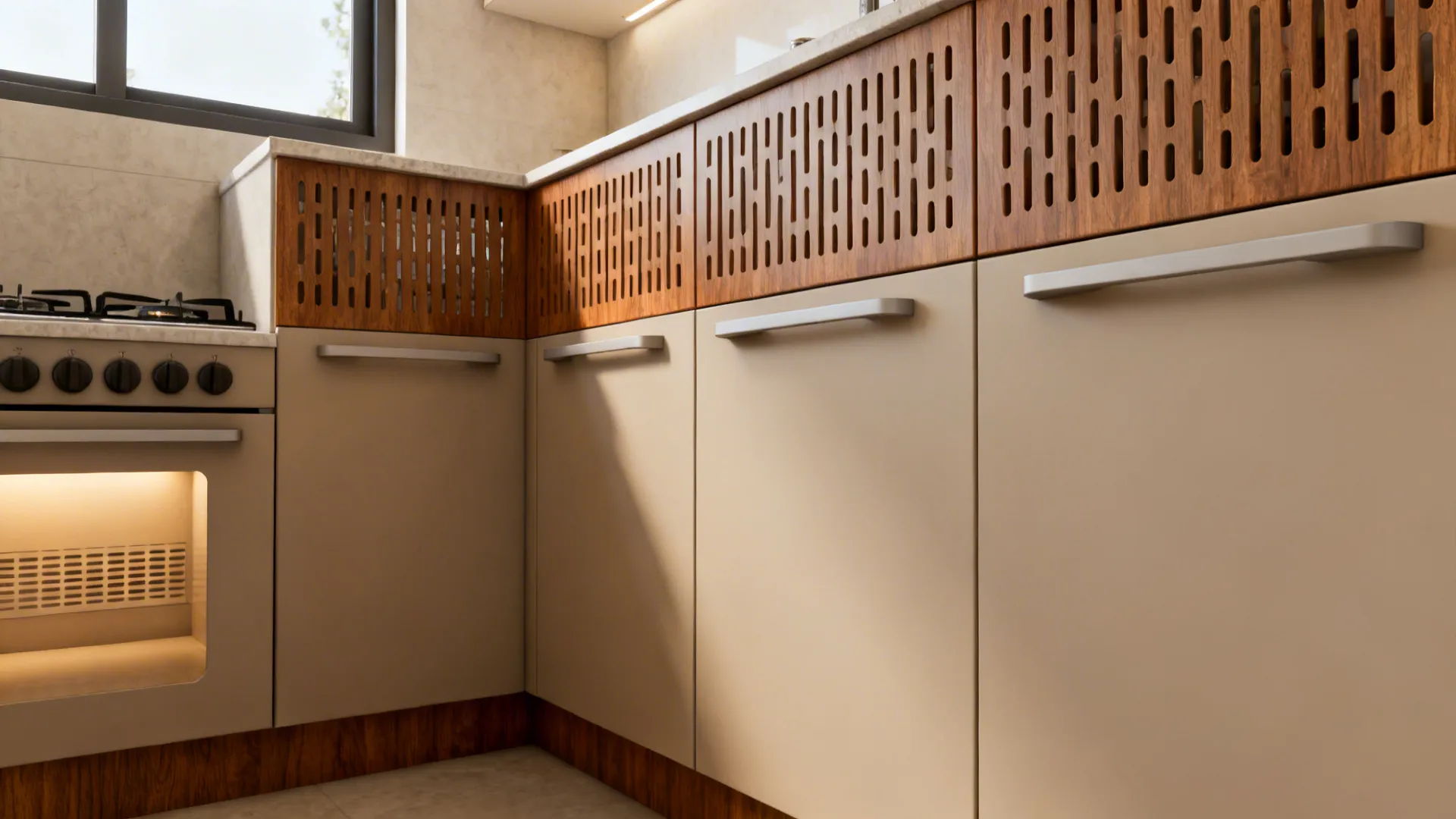 Wall cabinets with perforated back panels promoting passive airflow in a small kitchen.