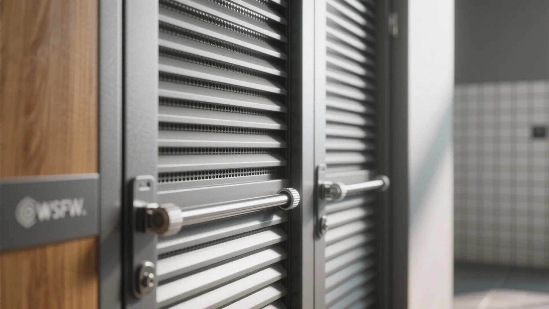 Close up of grey metal locker doors with horizontal vents and silver metal door handles