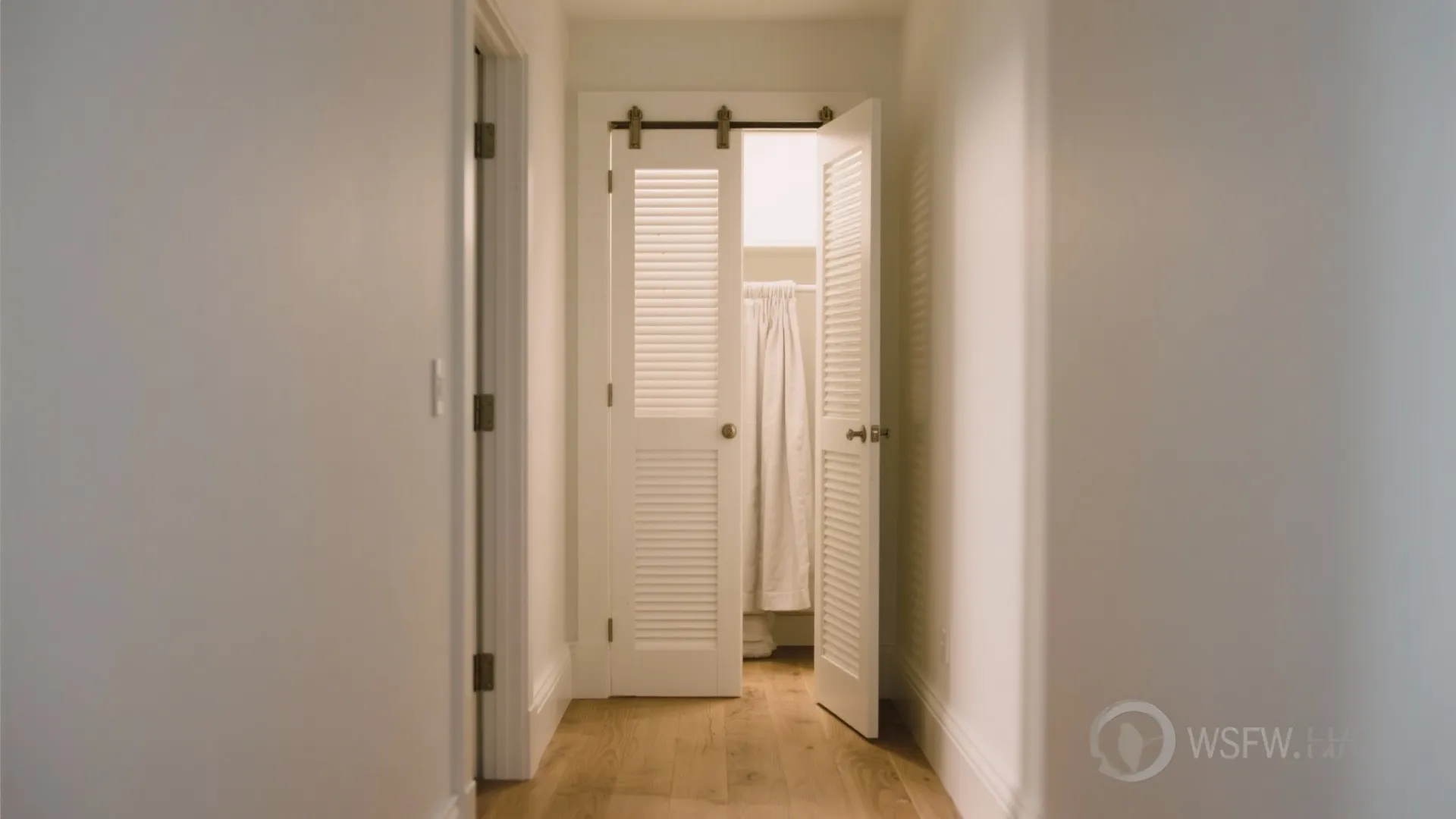White sliding closet doors with slats at the end of a hallway with wood flooring