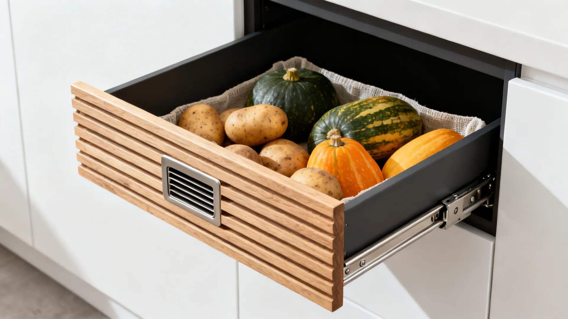 Macro of a ventilated slide-out drawer under cabinets, showing slats, vents, and stored potatoes.