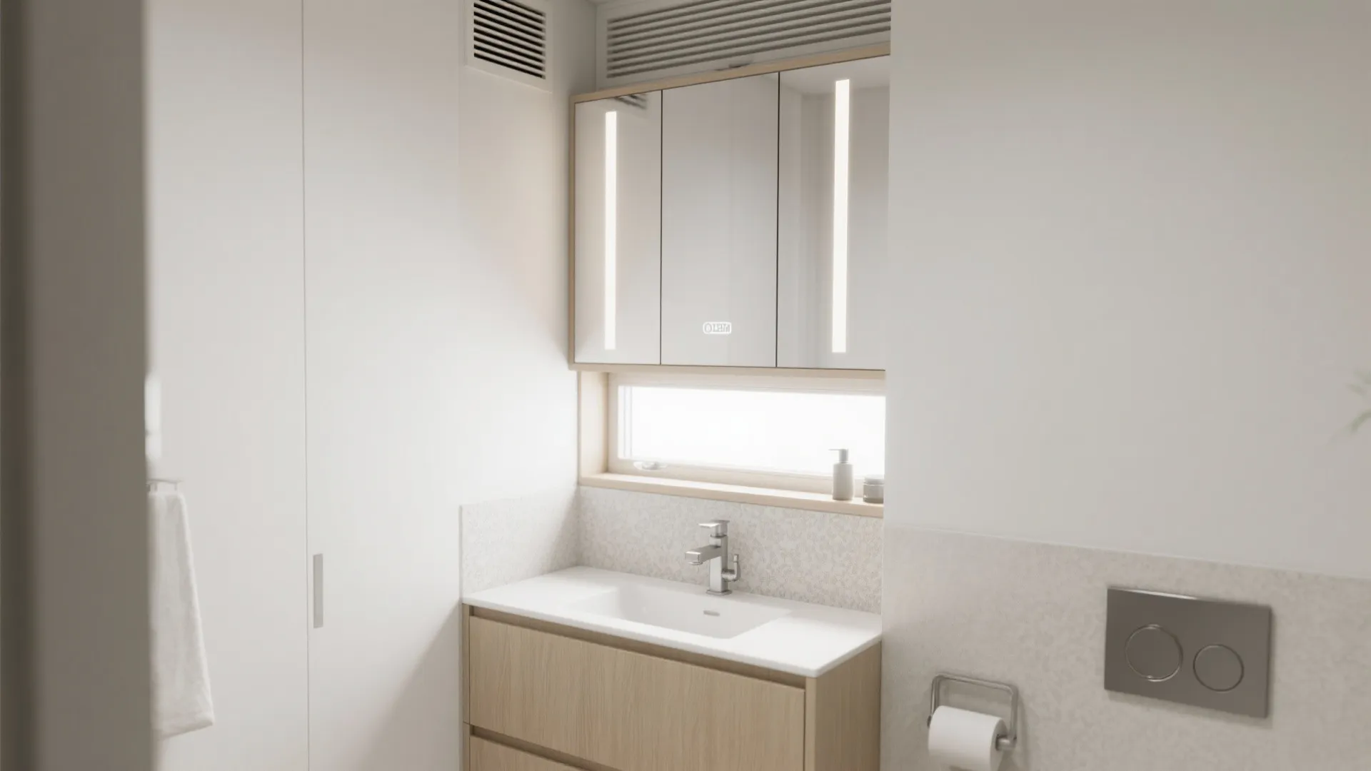 Modern small bathroom featuring white sink wooden cabinet mirror with lights and a small window