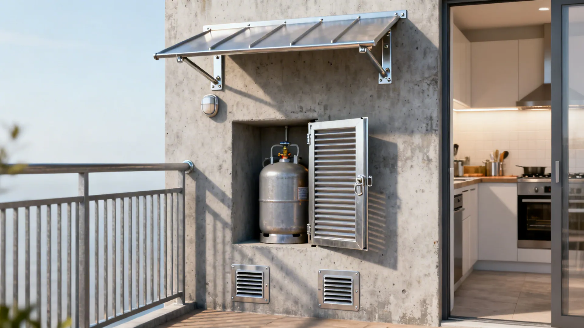 Shallow outdoor recessed niche with louvered door and canopy safely housing a gas cylinder.