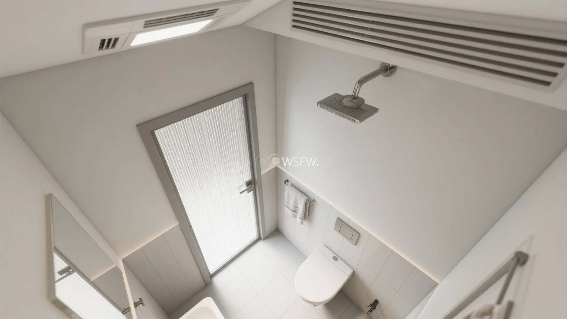 Overhead view of white bathroom with shower head toilet towel rack and frosted glass door