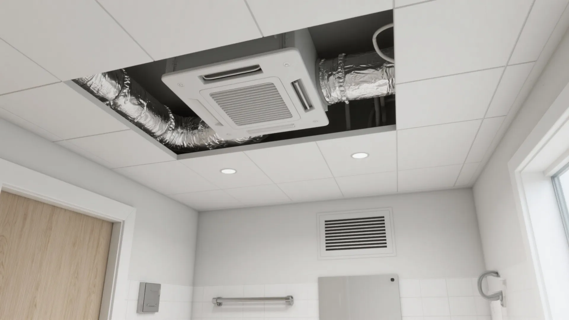 Air conditioning unit installed in a white tiled ceiling with visible silver pipes and vents