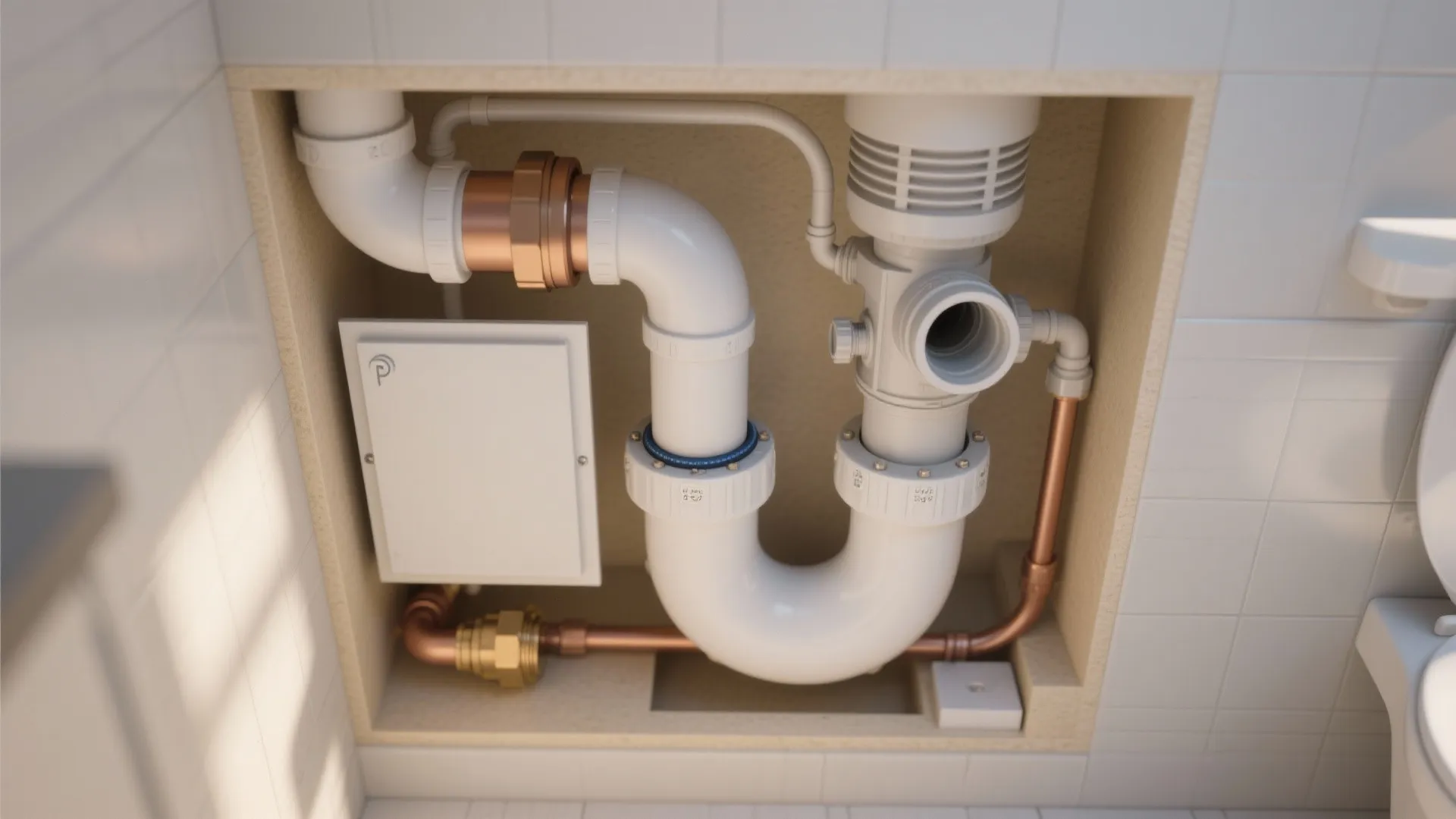 Interior design drawing showing white sink pipes and copper water lines inside a bathroom wall