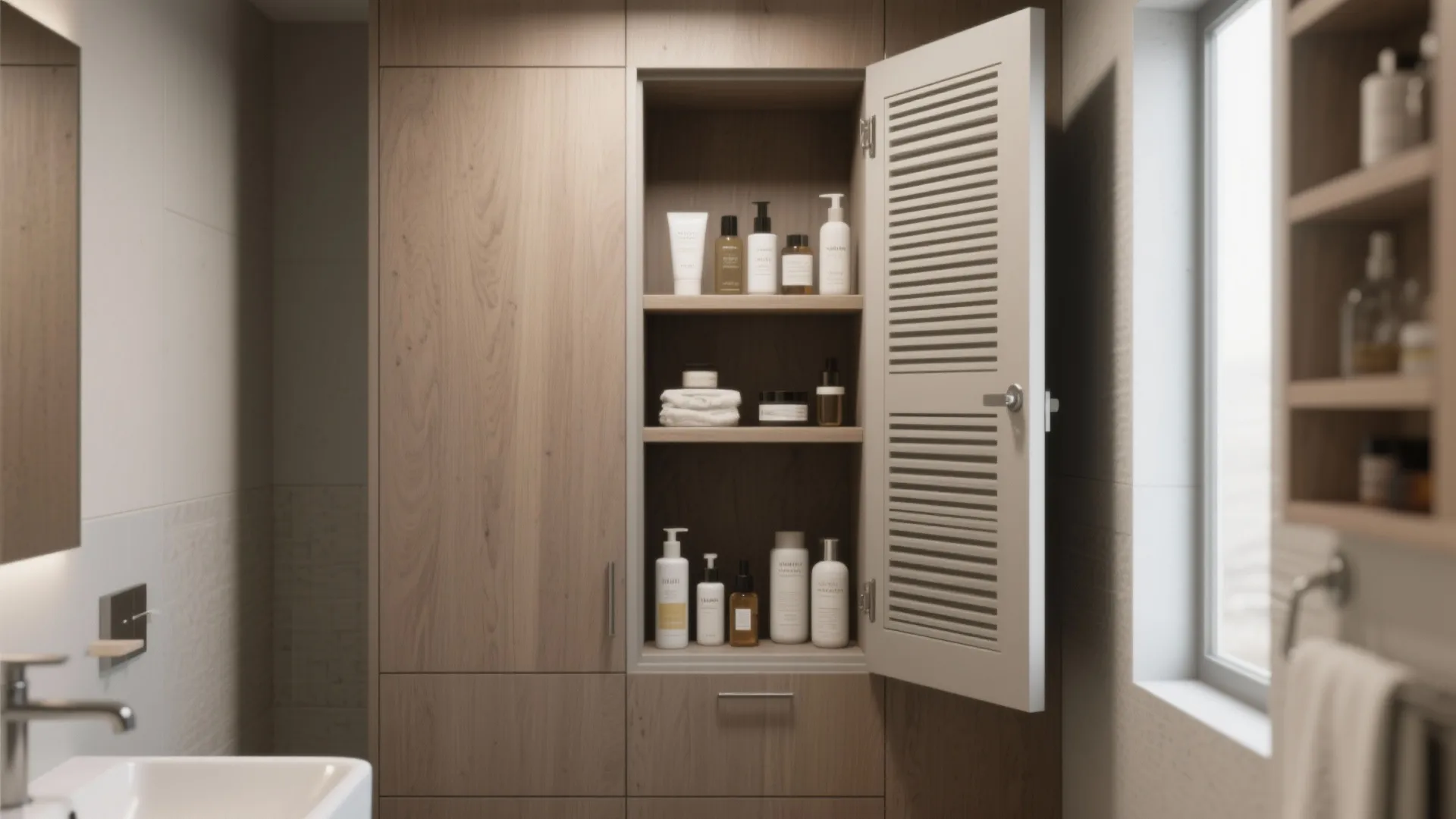 Wooden bathroom cabinet with open vented door showing bottles of lotion towels and organized storage