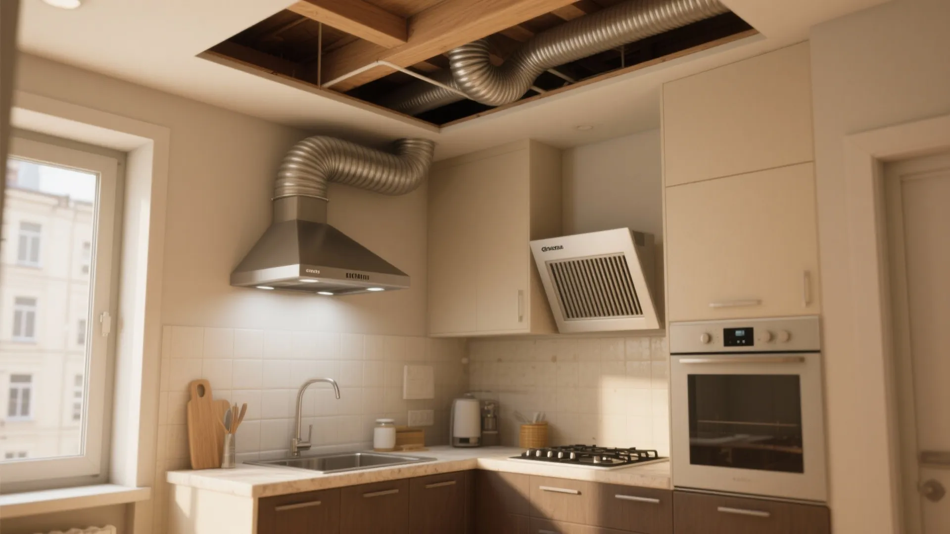 Modern kitchen showing two types of exhaust fans with metal vent pipes through a ceiling