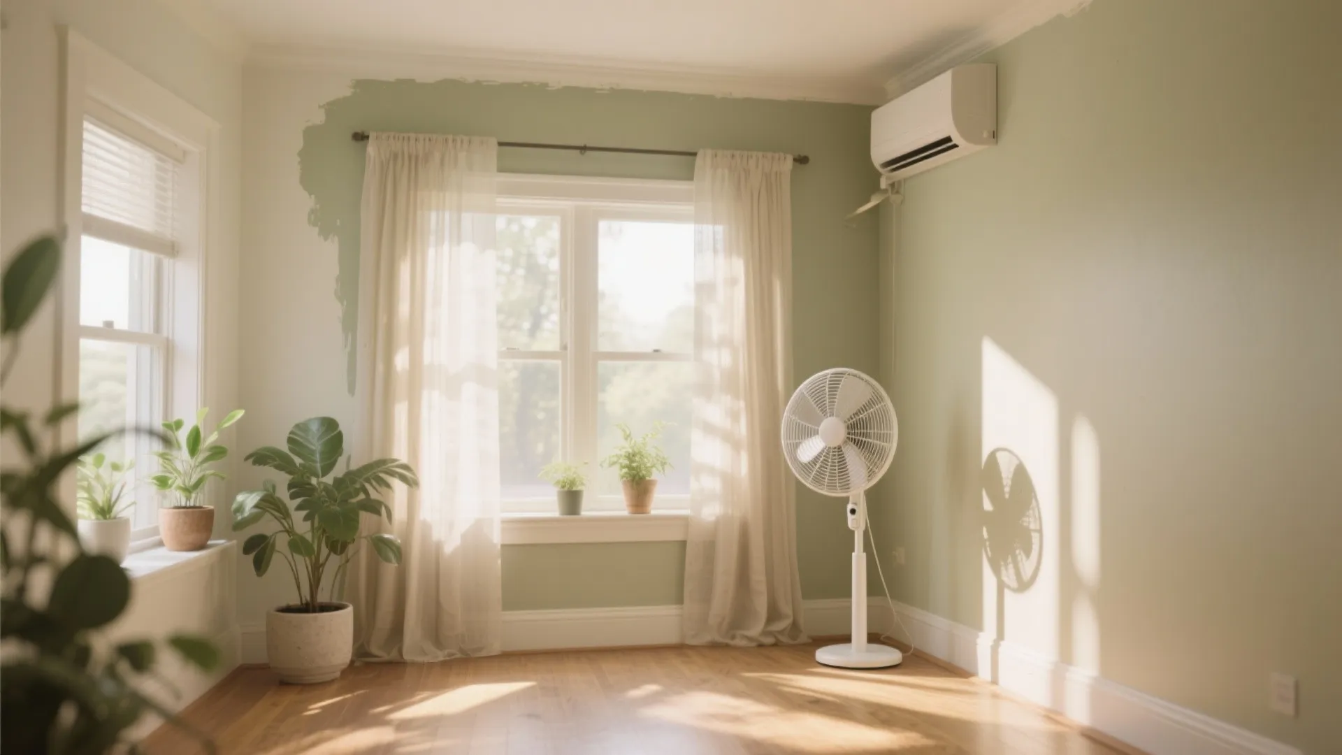 Sunlit room with green walls wooden floor white electric fan plants and air conditioner near windows