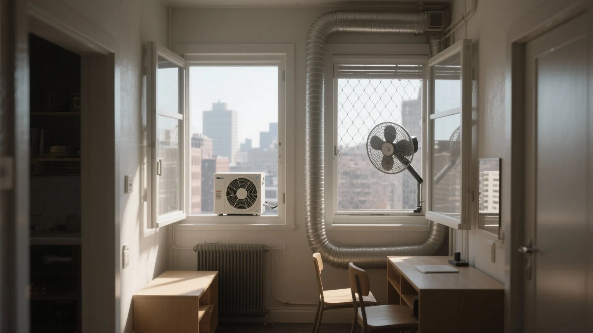 Cross-ventilation in a narrow apartment with opposing open windows and a box fan expelling fumes.