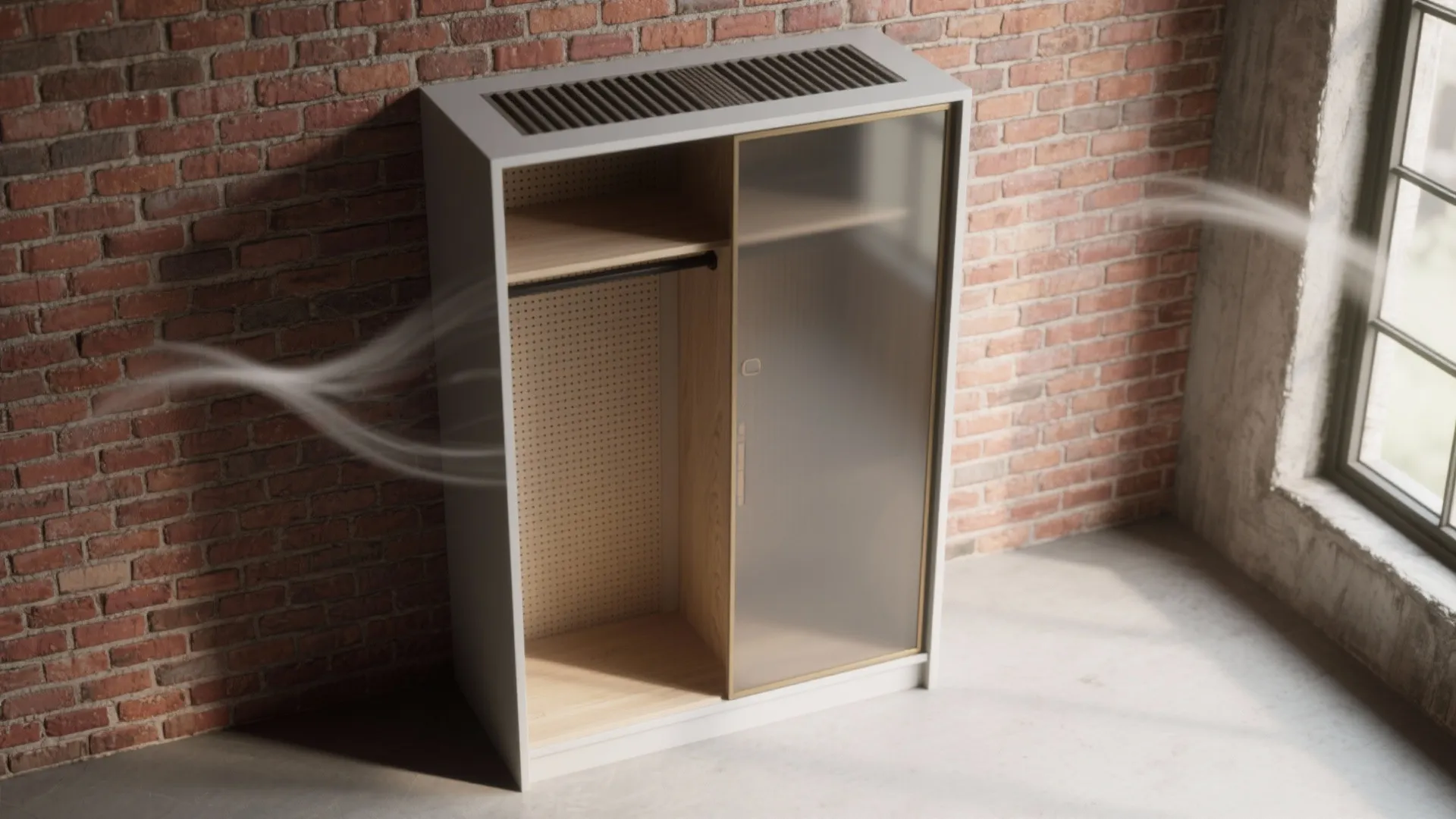 Top-down cutaway showing ventilated wardrobe back, stand-off gap, plinth and louver for airflow.