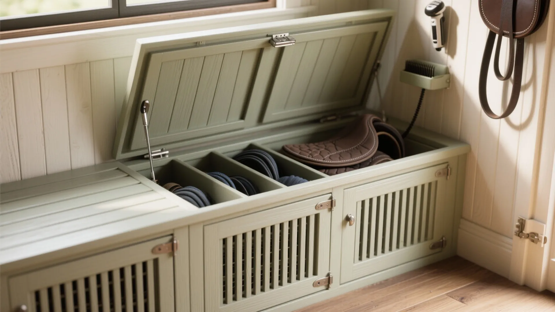 Sage green wooden storage bench with open lid showing organized horse riding gear and equipment