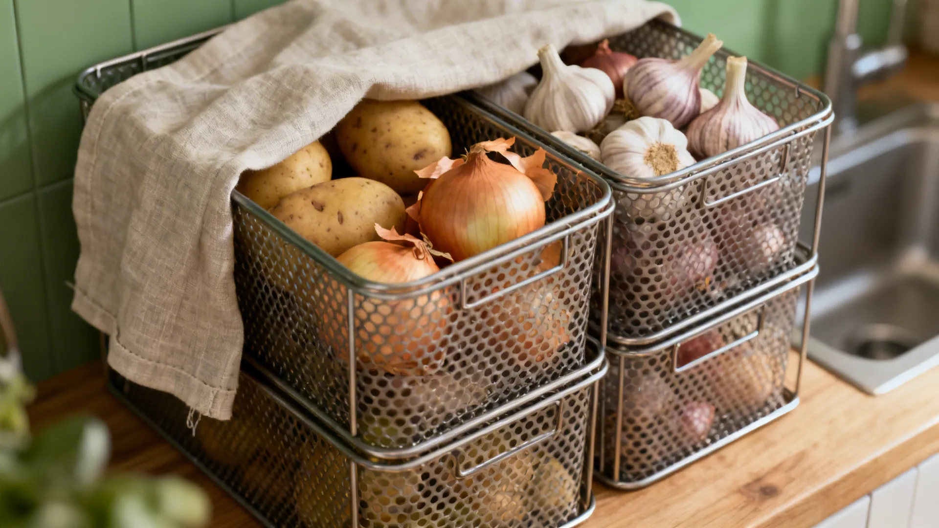 Macro of stackable mesh bins with onions, garlic, and a linen-lined potato section on a small kitchen counter.