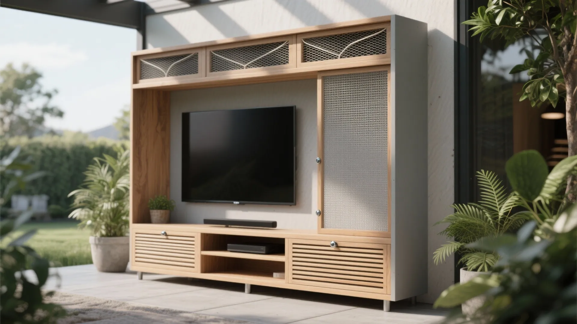 Modern wooden entertainment cabinet with mesh doors and television placed on a bright outdoor terrace