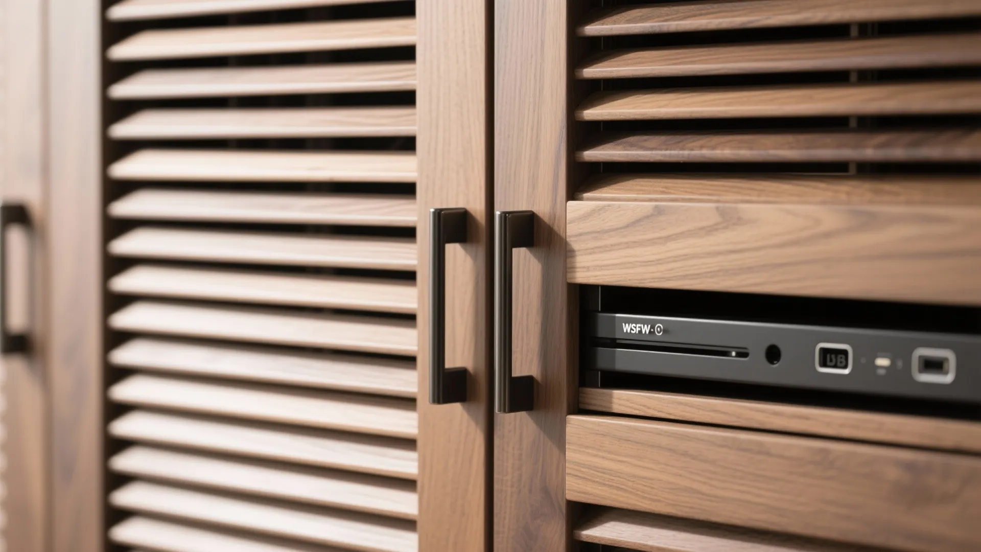 Close up of wooden cabinet doors with horizontal slats, black metal handles, and electronic device
