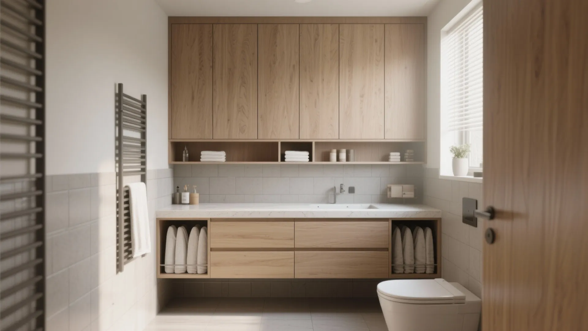 Modern bathroom with wooden cabinets white marble countertop grey wall tiles and a white toilet