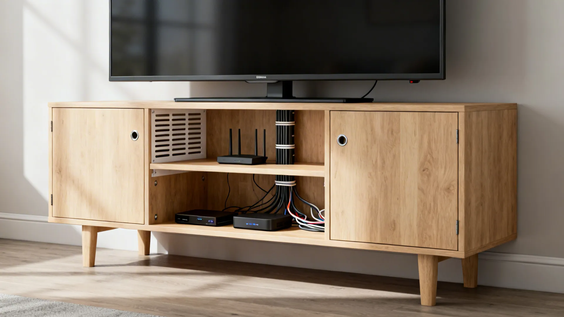 Media console with ventilated back and tidy cable spine beneath a wall TV.
