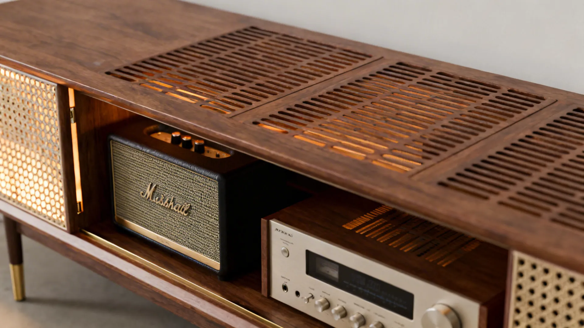 Close up of wooden storage cabinet housing music speaker and amplifier with ventilated wood top