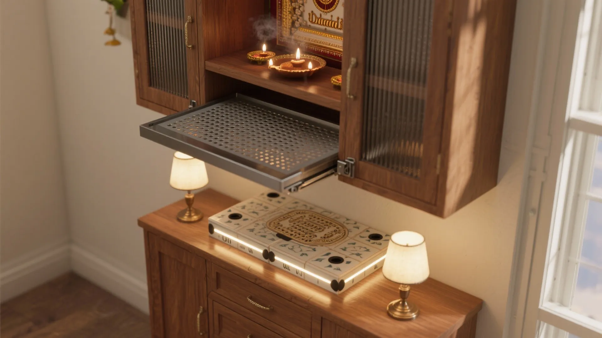 Wall mounted wooden cabinet featuring a pull out metal tray with two small table lamps