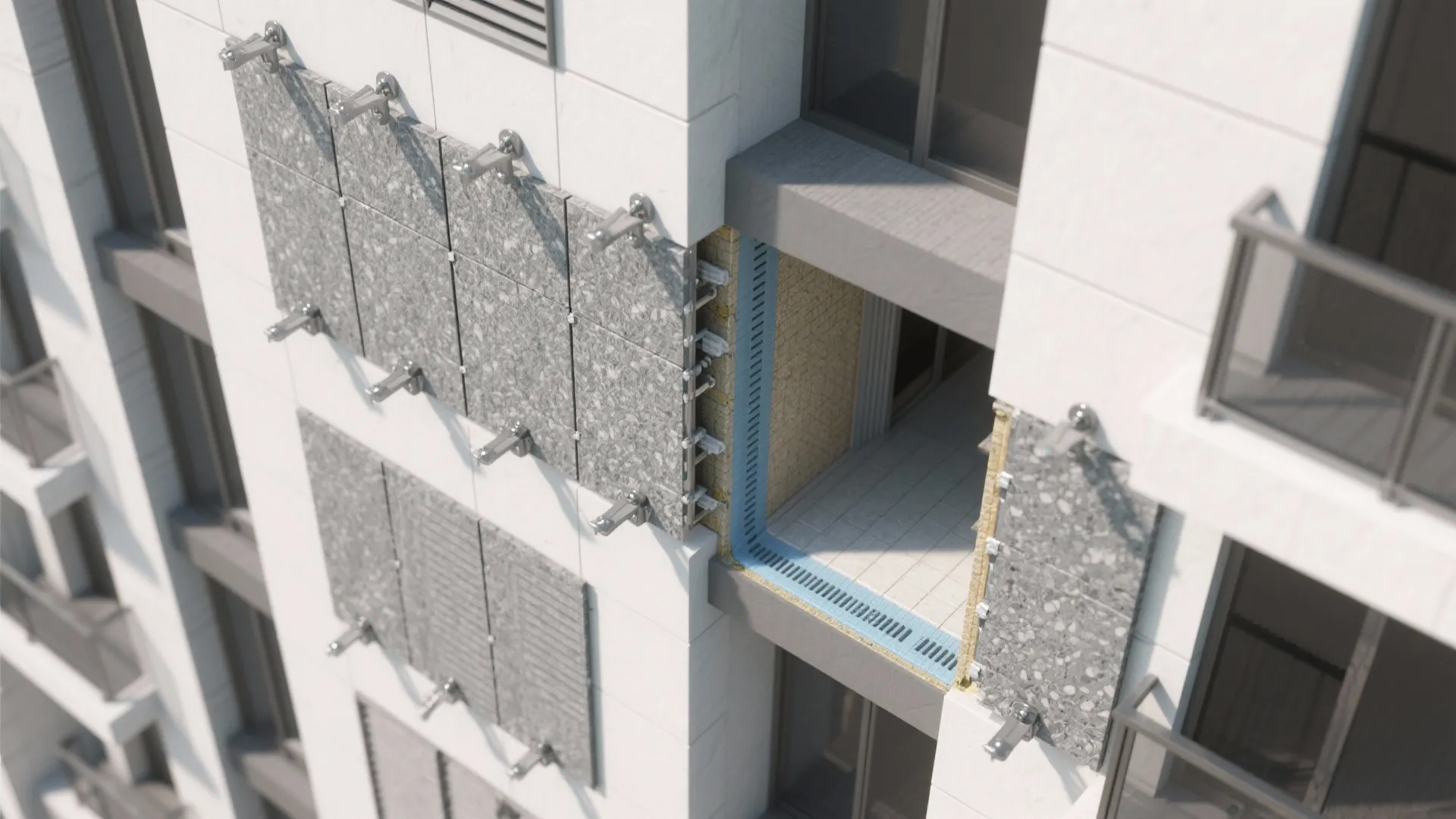 Ventilated Granite Facade for Micro-Balconies and Passage Walls