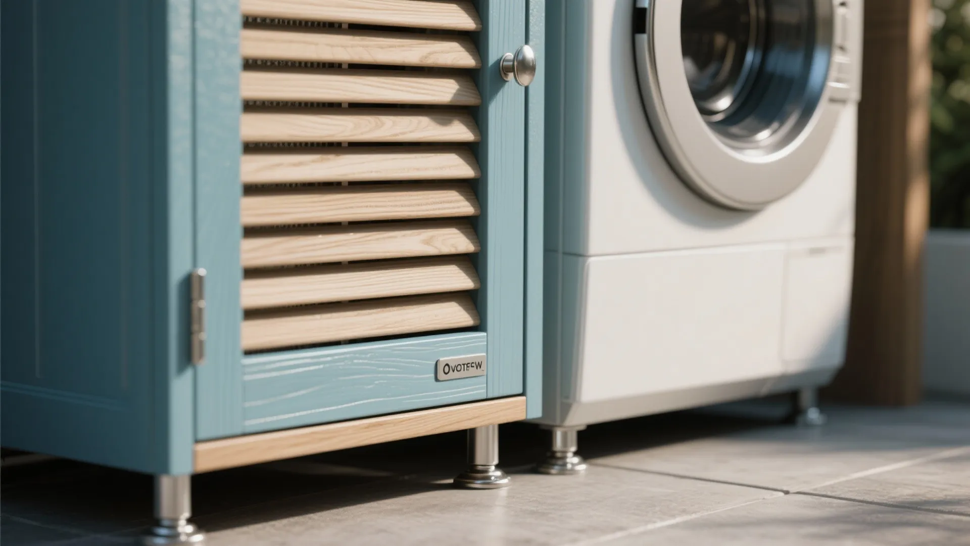 Close up of blue cabinet with wood slats next to white washing machine on tiled floor