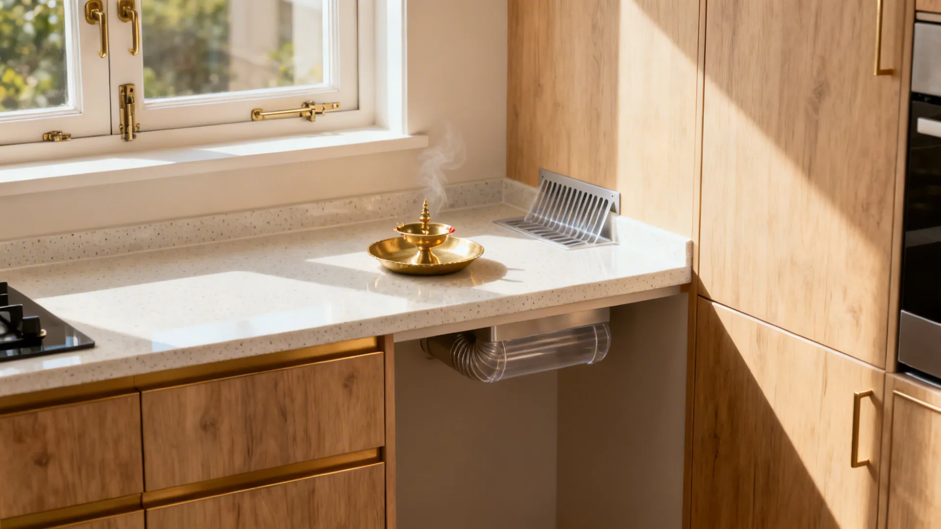 White kitchen counter near window with small gold burner releasing smoke next to metal vent