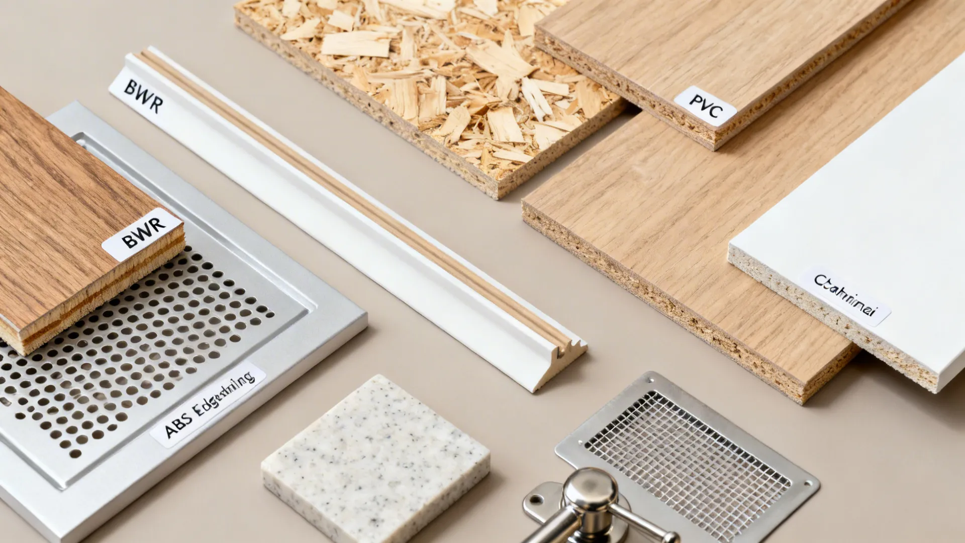 Top-down material flat lay with BWR/BWP plywood, ABS edging, PVC skirting, perforated inserts, and laminates.