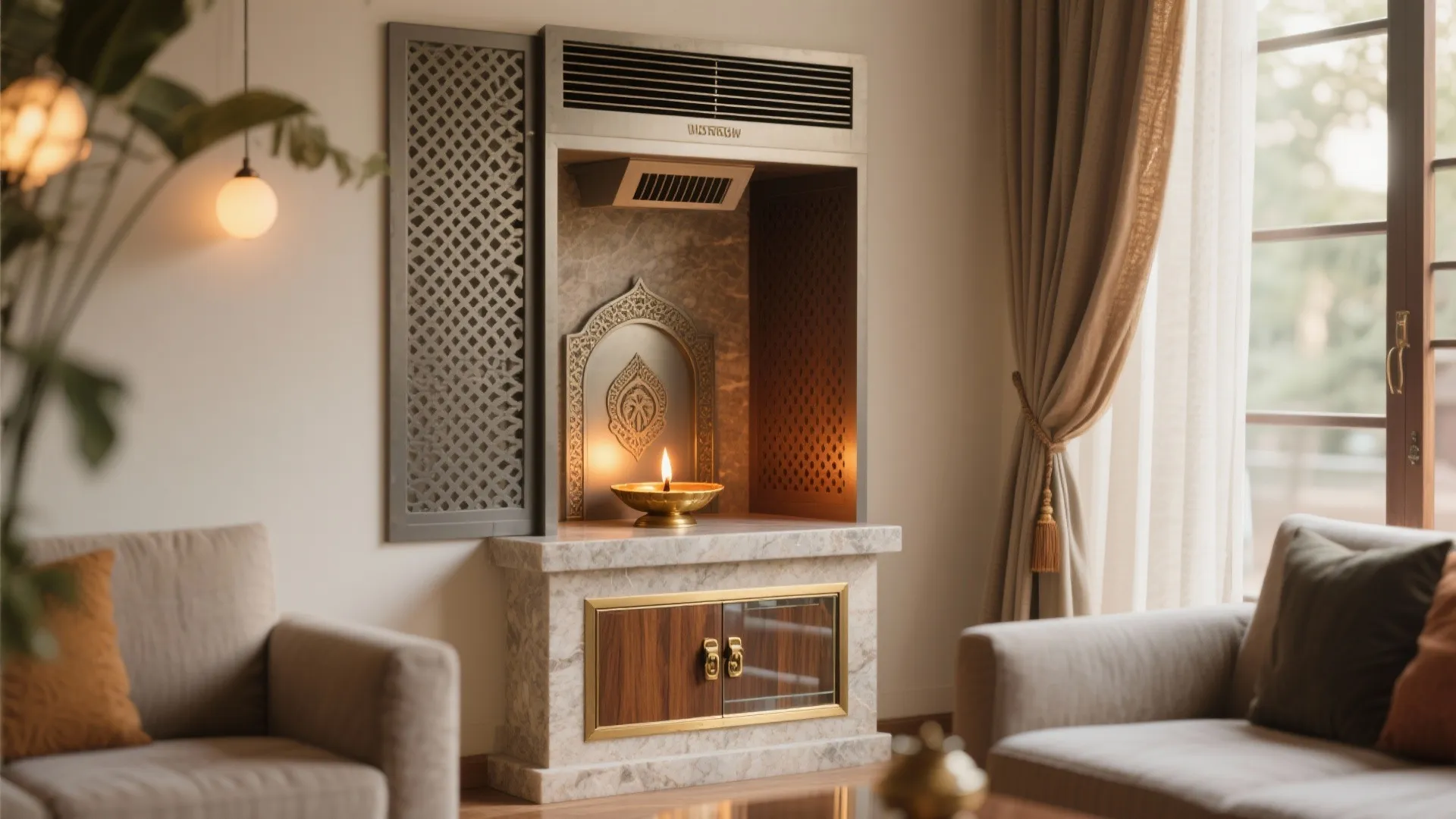 Interior wall niche with marble frame, wooden cabinet, burning lamp, ventilation slats, and grey armchairs