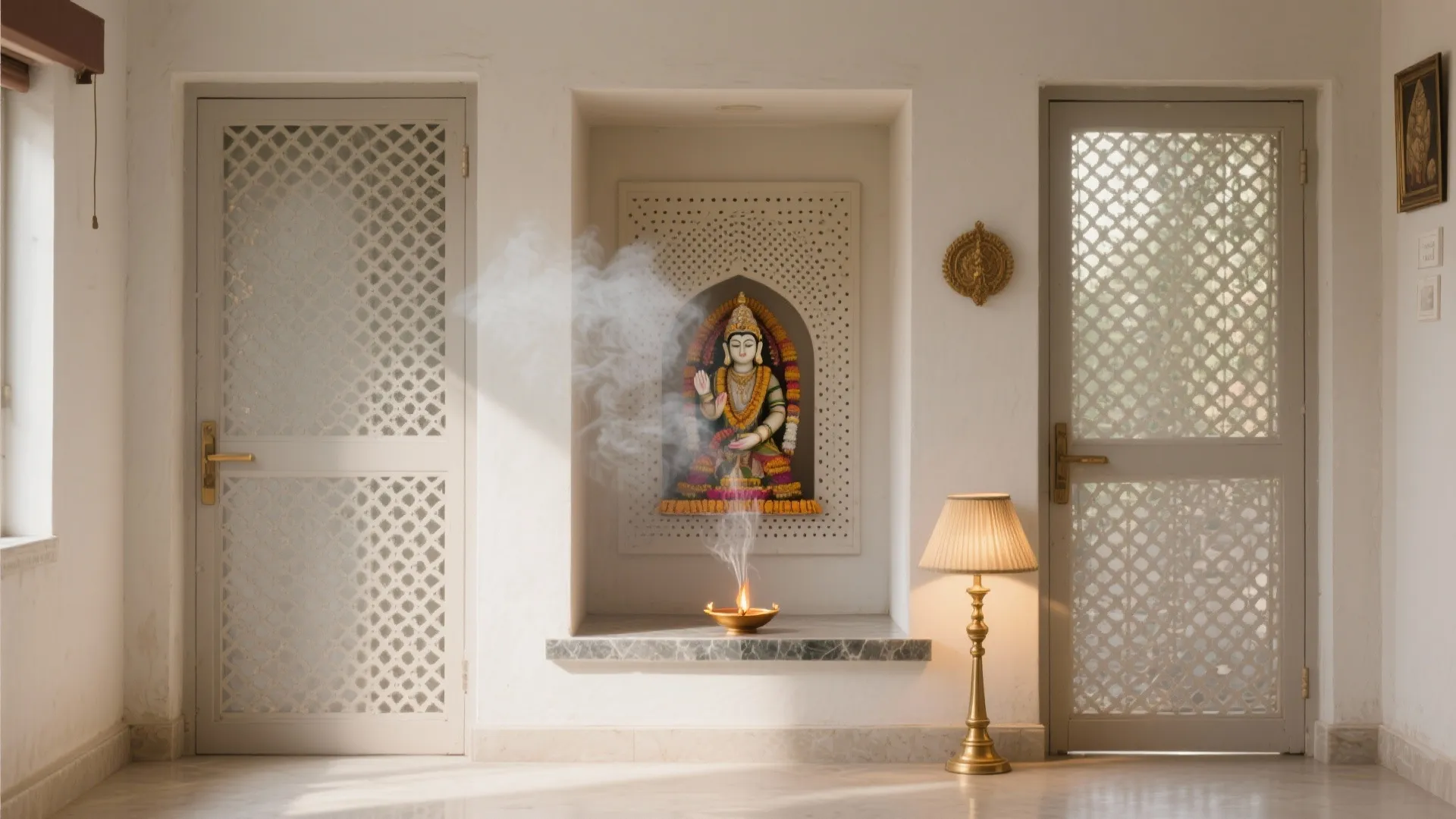 White wall alcove with small statue burning lamp smoke and two white patterned screen doors