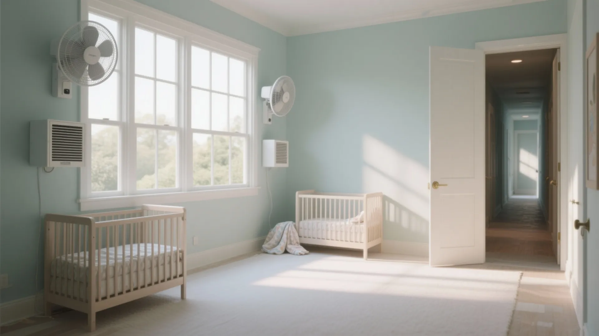 Bright blue nursery room with two white cribs electric fans and windows with natural light
