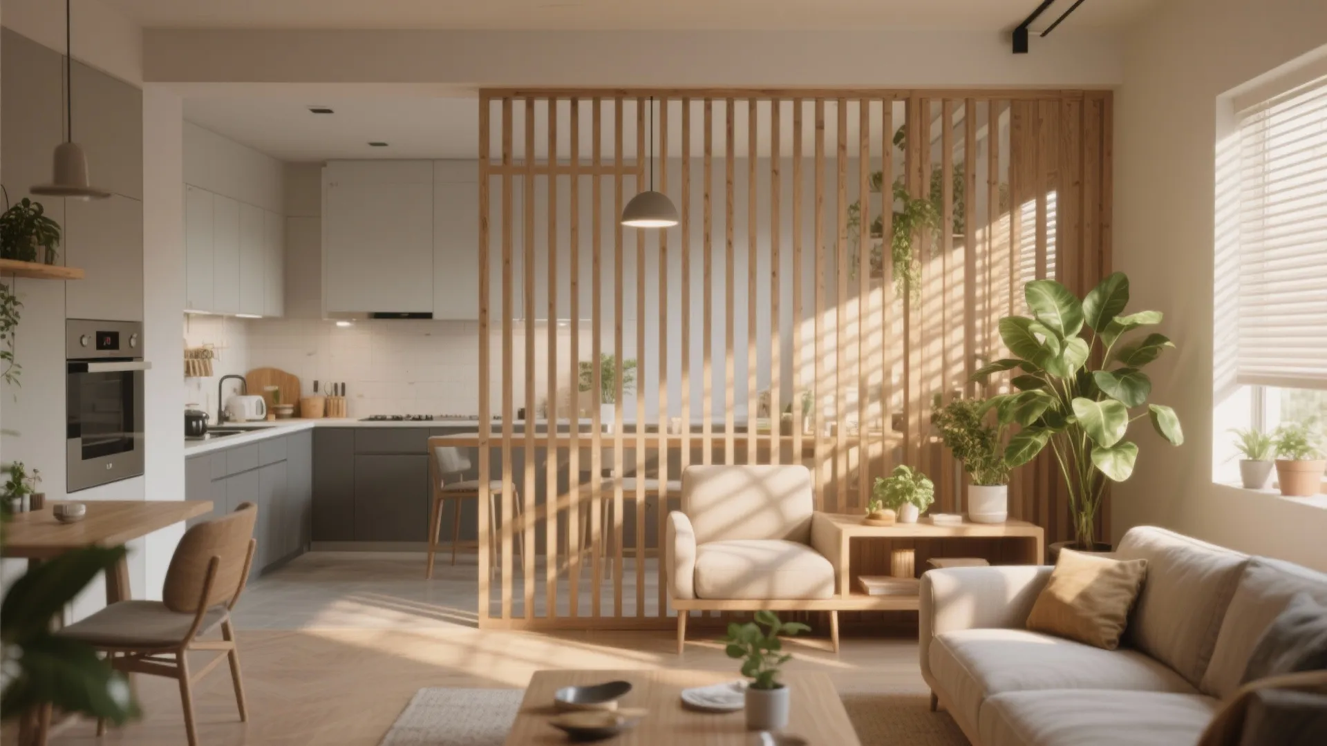 Modern open living room and kitchen divided by a vertical wooden slat wall with plants