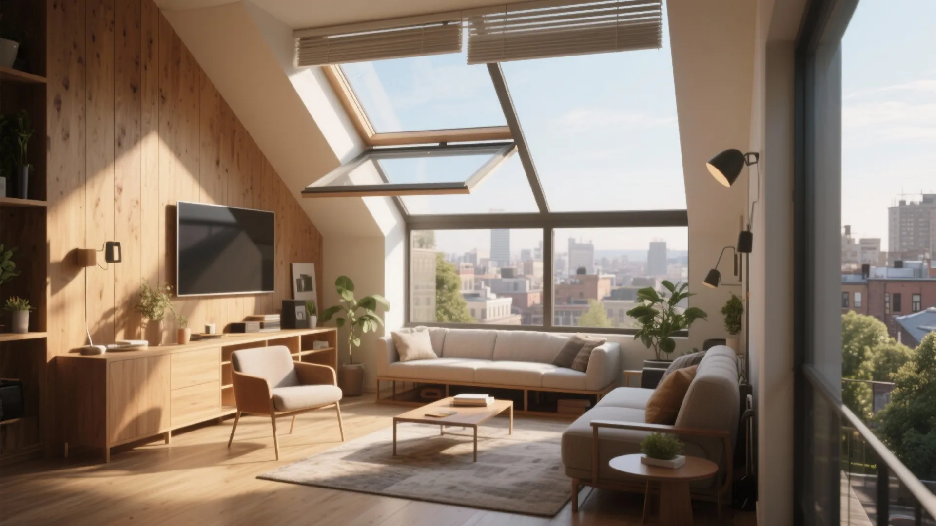 Modern attic living room with grey sofa and large open roof window overlooking the city view