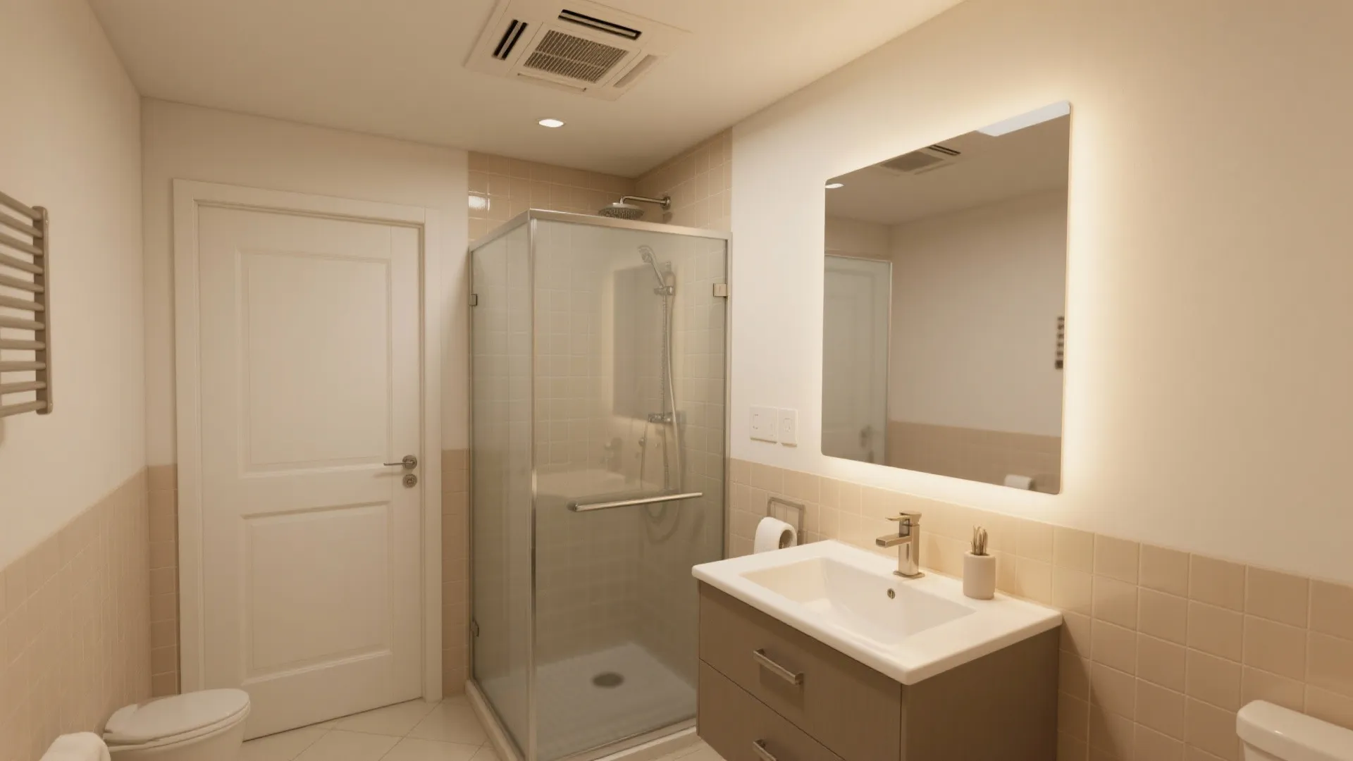 Compact bathroom with an exhaust fan above the shower, door undercut, and epoxy-grouted tiles for durability.