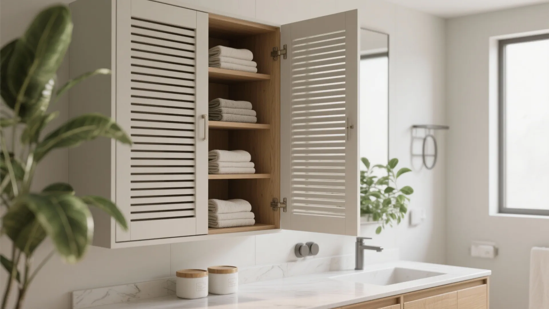 Open wall cabinet with slatted doors holding folded white towels on wooden shelves above sink