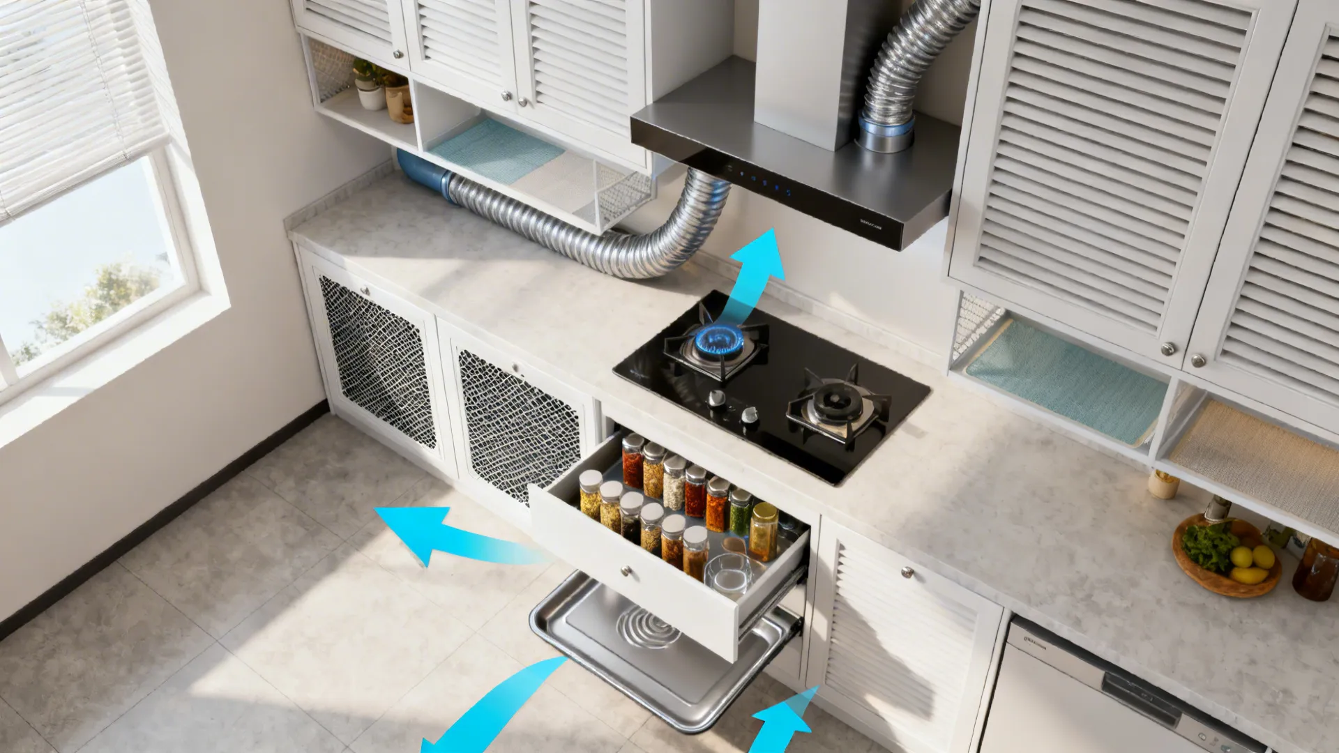 Ventilated storage and easy-clean details